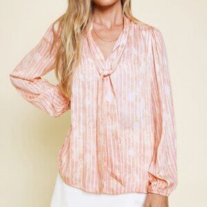 MYSTREE Peach Pink Tie Neck Blouse – Long Sleeve Satin Striped Top